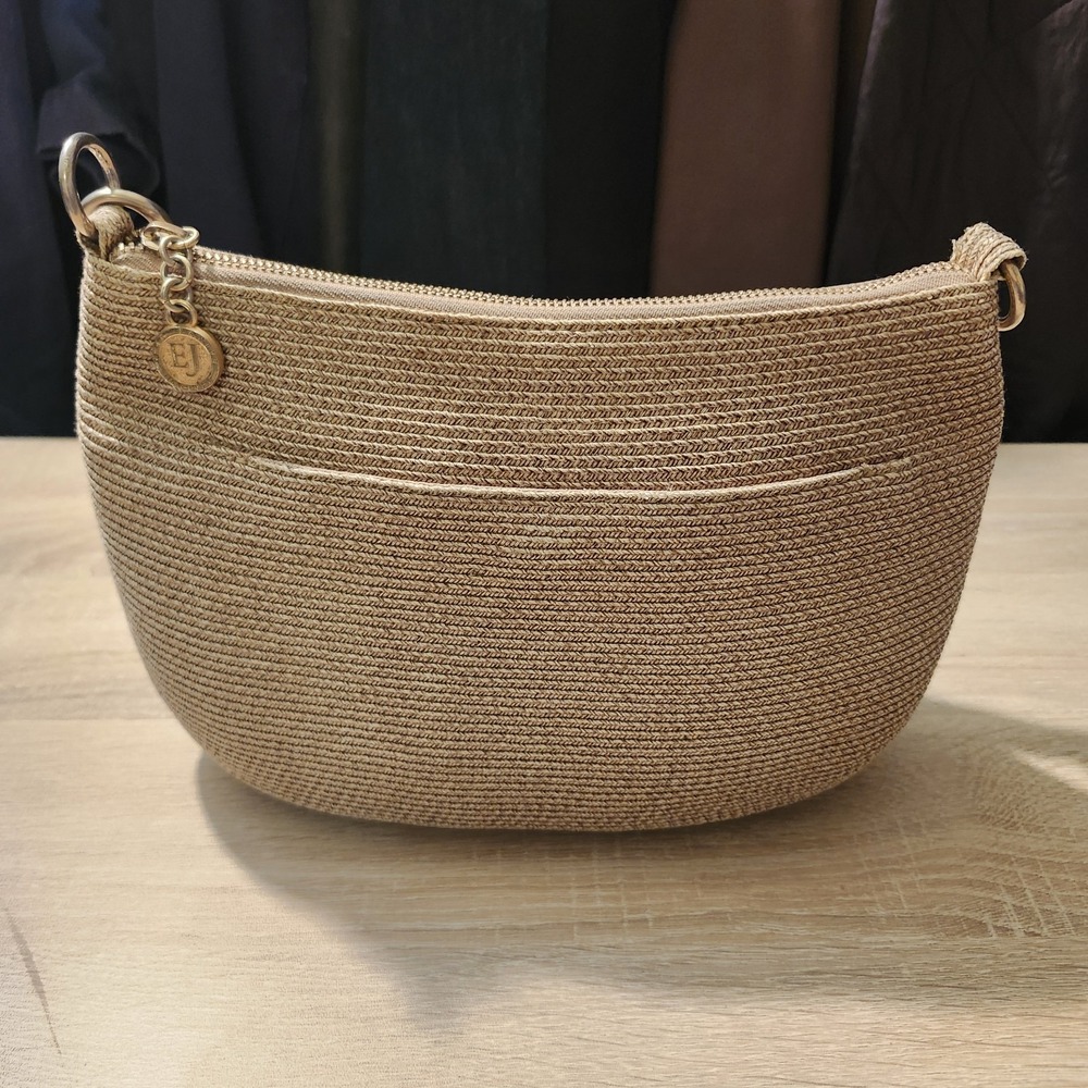 ERIC JAVITS Squishee Raffia/Straw Shoulder Bag With Gold Hardware Leather Strap